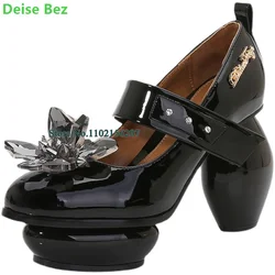 Rhinestone Flower Strange Heel Pumps For Female Women 2024 New Arrivals Patent Leather Ankle Strap Round Toe Solid Fashion Shoes