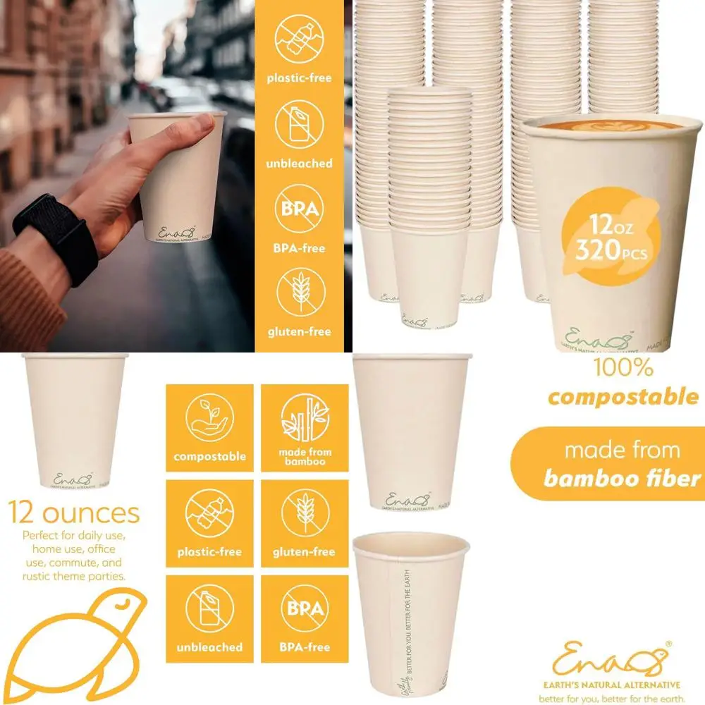 

Eco-Friendly 12oz Bamboo Paper Cups, Biodegradable, 320-Pack for Parties, Unbleached Natural Cups