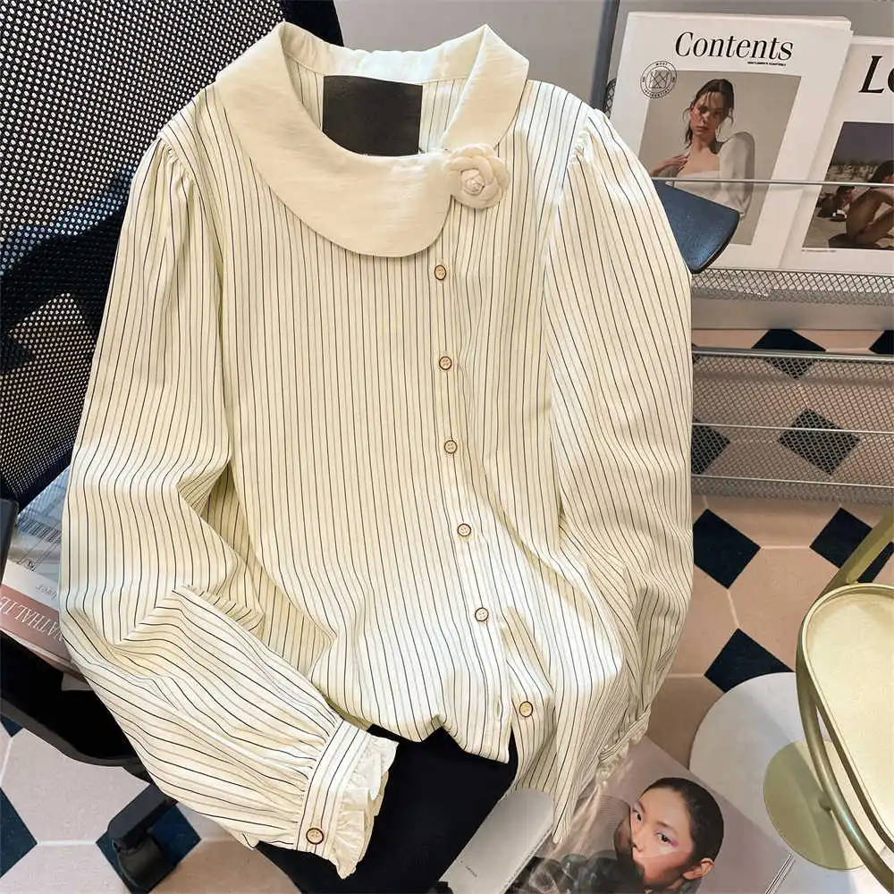 

Women Apricot 3D Floral Striped Shirts Blouses Y2k 90s Vintage Harajuku 2000s Elegant Long Sleeve Oversize Shirt Fashion Clothes