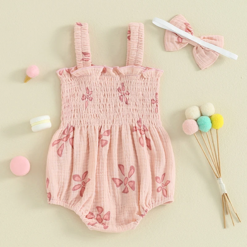 Summer Newborn Infant Baby Girls Romper Playsuit Cotton Pink Sleeveless Floral Printed Baby Jumpsuit with Headband Clothing