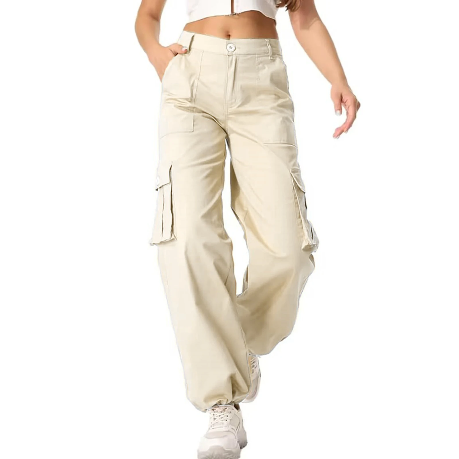 Women's Multi-pocket Cargo Straight-leg Pants High-waisted Loose Trousers Spring Autumn Casual Sweatpants Solid Color Pants