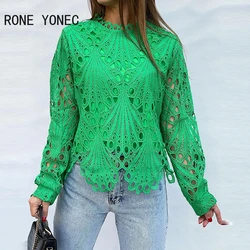 Women Chic Round Neck Long Sleeves Hook Flower Hollow Asymmetrical Solid Blouse Tops