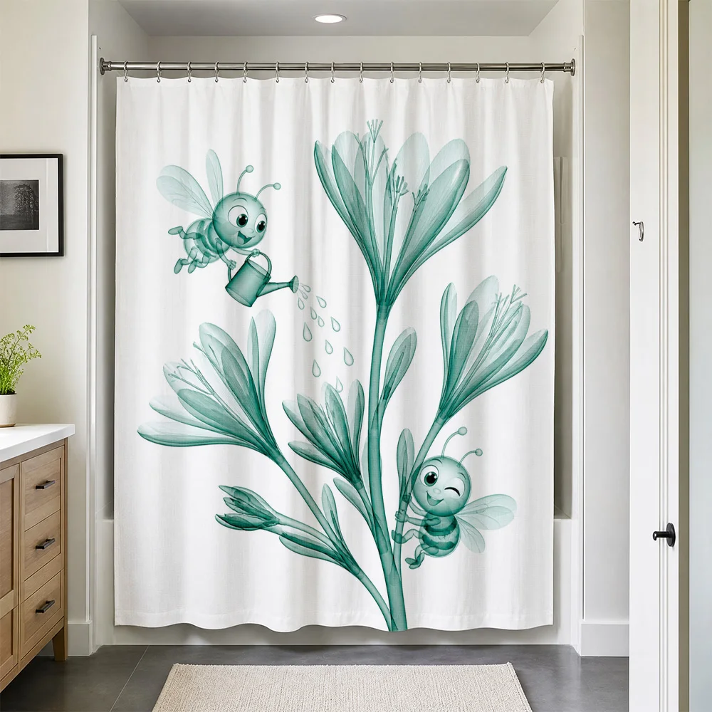 Cute Cartoon Insect Botanical Pattern Shower Curtain Waterproof Bathroom Decor Jungle Leaves Teal Nature Animal Prints Shower Cu