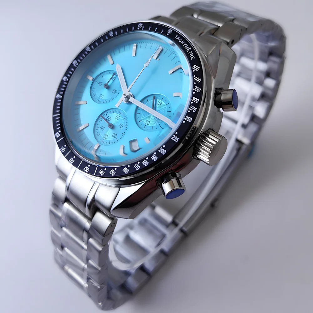 Корпус из нержавеющей стали 40 мм с ремешком, сине-серебряный циферблат 32,5 мм и серебряные стрелки, предназначенный как аксессуары для механизма VK63