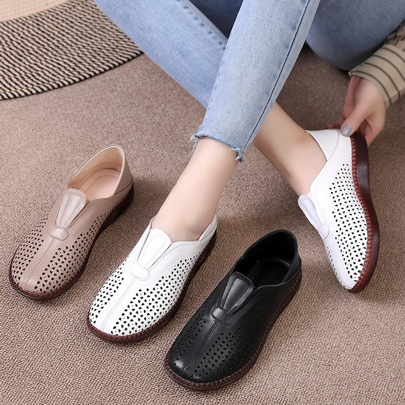 GKTINOO 2024 New Spring Summer Genuine Leather Shoes Flat Hollow Breathable Sandals Casual Shoes Woman Flats Large Size