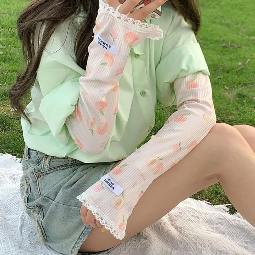 ผลไม้สีส้ม Cooling แขนแขนผีเสื้อพีชสตรอเบอร์รี่ Sun แขนป้องกันแคนตาลูปดอกไม้แตงโมแขนครอบคลุมสาว