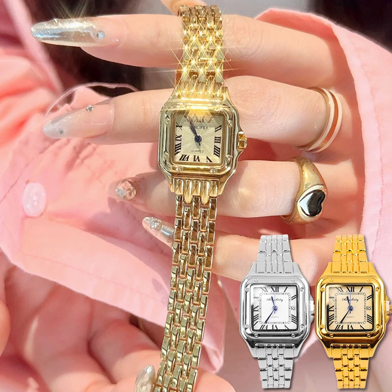 Luxe Dames Mode Quartz Horloge Eenvoudige Schaal Vierkante Kwaliteit Vergulde Vrouwen Horloges Zakelijke Roestvrijstalen Vouwklok