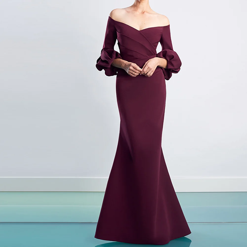 

Burgundy V Neck Jersey Off the Shoulder 3/4 Puff Sleeves Backless Mermaid Straight Zipper Back Elegant Evening Party Dress Woman