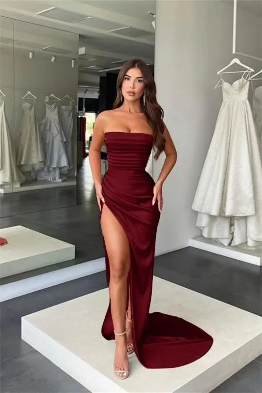 Strapless Prom Dress Pleats High Slit Sexy Stretchy Satin Formal Party Special Occasion Evening Gowns Custom made