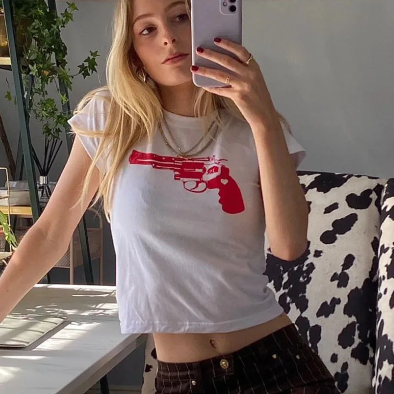 Women\'s Summer Skinny Crop Tops 2000s Gothic Grunge Print T-shirt Funny Short Sleeve Kpop Harajuku Streetwear Tees Y2k Clothes