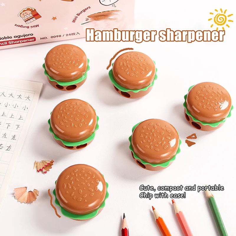 Taille-crayon en forme de hamburger de dessin animé créatif, double trous, outils de coupe de crayon, fournitures scolaires, cadeaux de papeterie pour étudiants