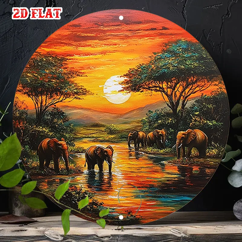 2D Flat, 1pc African Safari Elephant Round Wall Art - Metal Frame-Free Retro Savannah Sunset & Elephant Herd Plaque with Acacia
