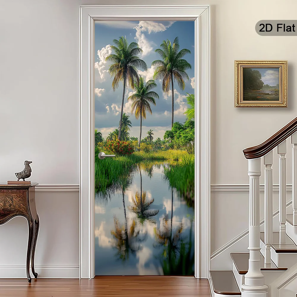 Une paire d'autocollants de porte 2D plats représentant un paradis tropical, autocollants de porte décoratifs représentant une oasis paisible, autocollants de porte décoratifs avec des plantes vertes luxuriantes