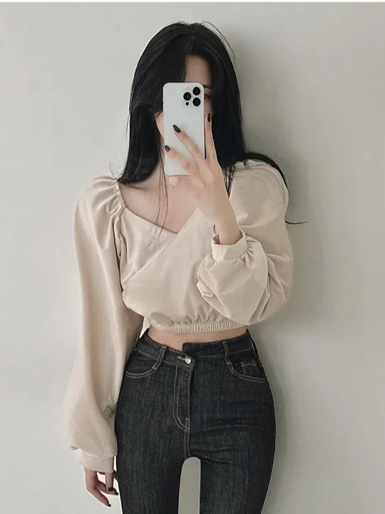 

Ранняя осень ort Chic Женский irt V-ne Bubble Sve Корейский Sle Faionable Casual Pure Color Long Sve Top