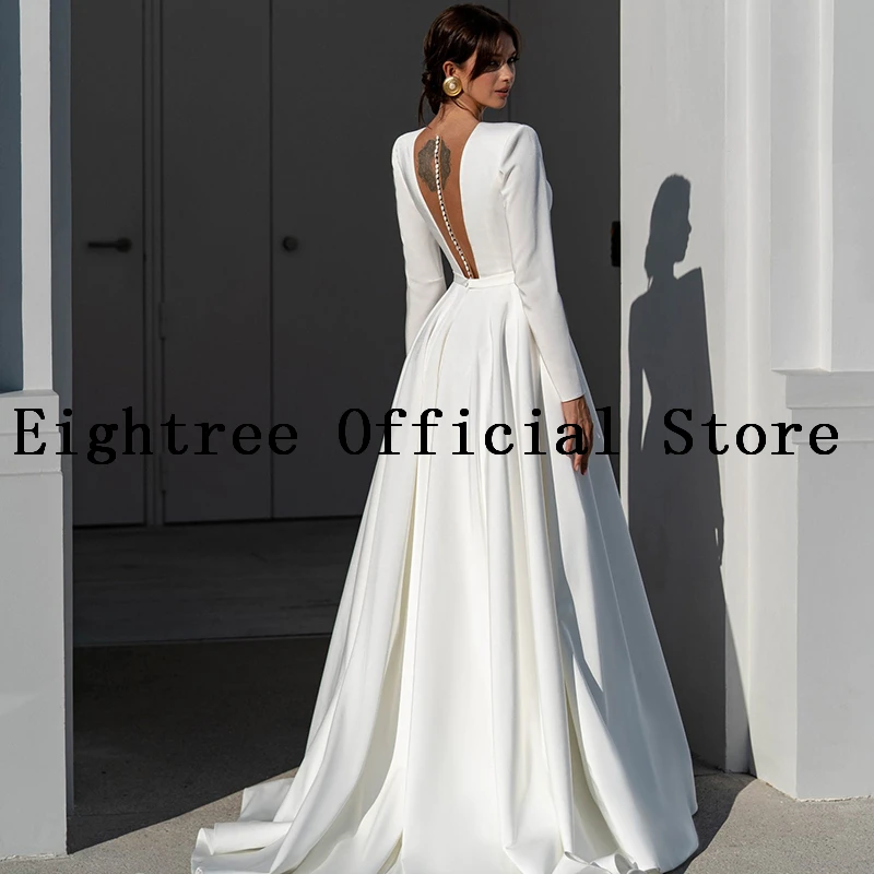 Customized Wedding Dress Deep V-Neck Long Sleeves A-Line Matte Satin Bridal Gown Design Floor Length for Brides