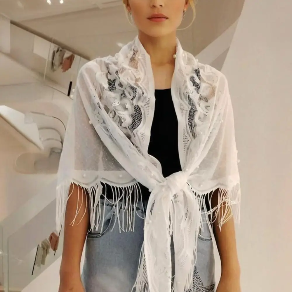 High Quality with Tassel Tassel Patchwork V-Neck Cardigan Casual Solid Color Tulle Shawl Triangle Wedding Bridal Shawl