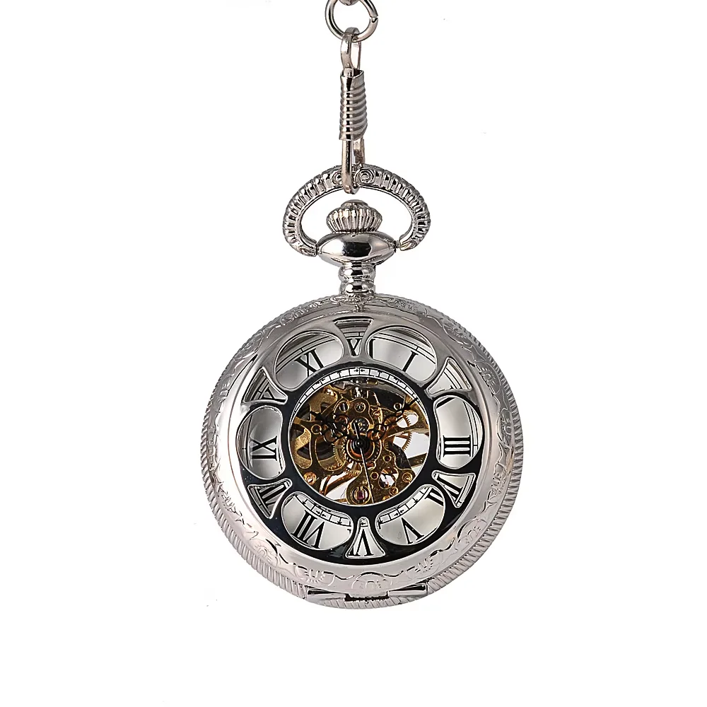 Pocket Watch sliver Mechanical Petals Retro Fashion Simple Engraving Handmade Round Mechanical Watch Unisex