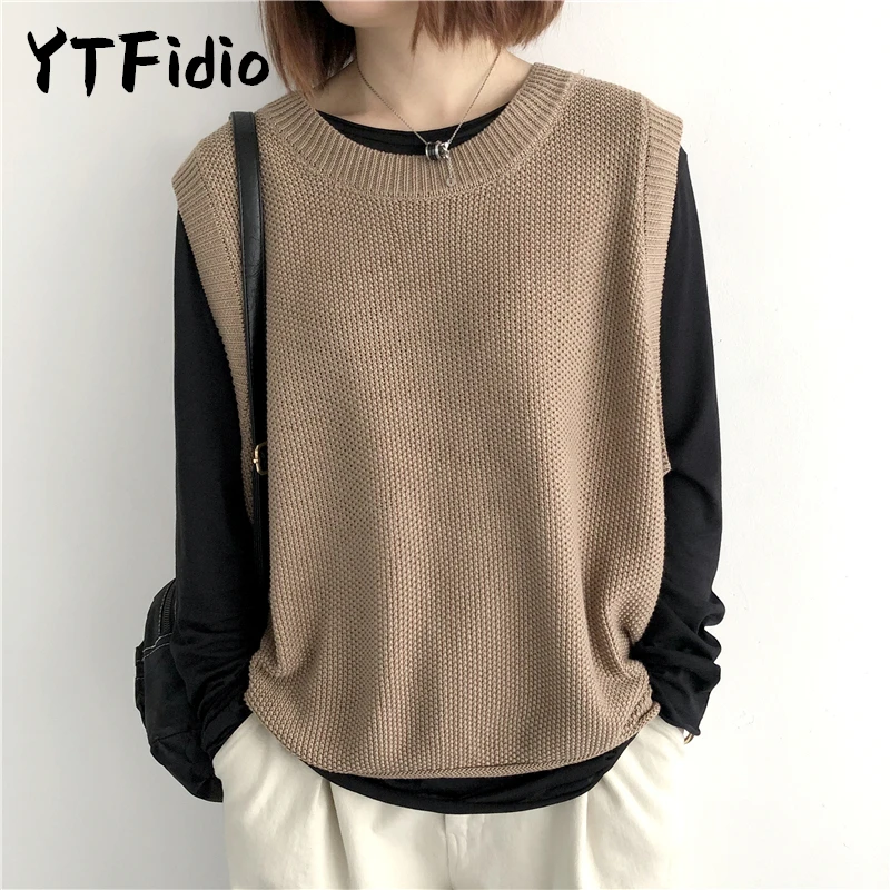 YTFidio 100% Cotton Women Vest O Neck Tank Casual Outerwears Irregular Ladies Tops Knitted Casual Sweater Autumn 170