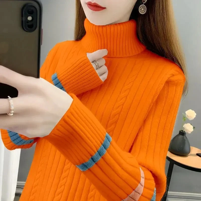 Turtleneck Elastic Sweater Women Autumn Winter Thicken Loose Long sleeved Patchwork Pullovers Warm Women\'s Knitwear Jumper Pull