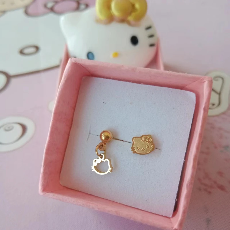 Sanrio Hello Kitty Earrings Ladies Korea Stud Titanium Steel Non-fading Screw Turnbuckle Cute Cartoon Girl Free Ear Bone Stud