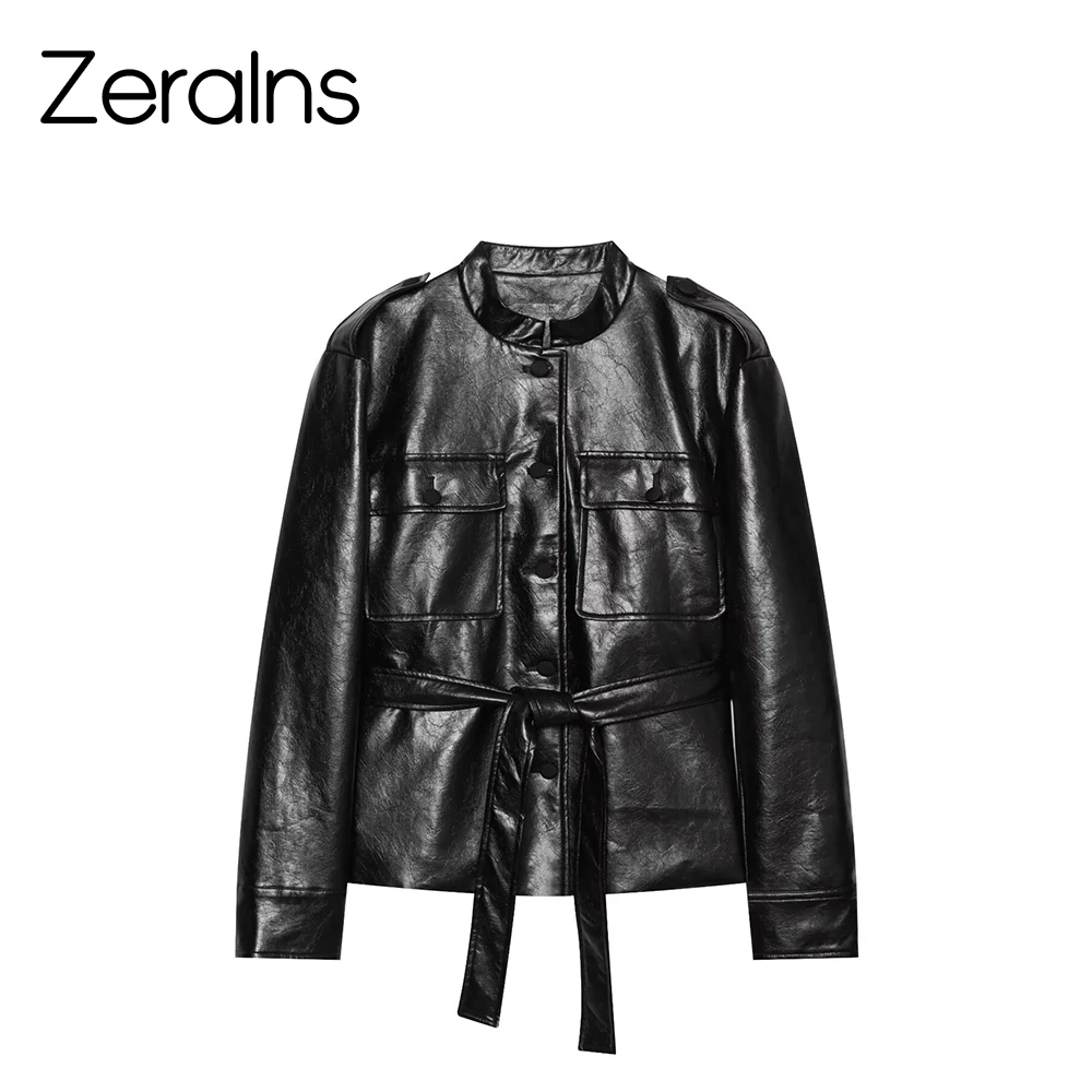 ZERAINS Retro stand up collar 2026 autumn new motorcycle leather jacket women's short style waist slimming leather jacket jacket