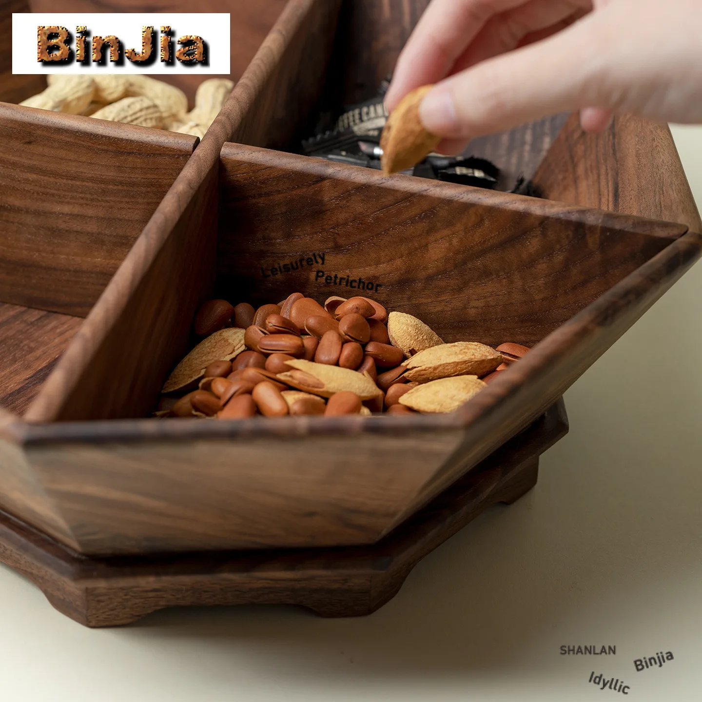Walnut Wood Four-grid Fruit Dishes Luxury Pastry Plate Food Storage Tray Dim Sum Plate Household Serving Tray Teaset Decoration