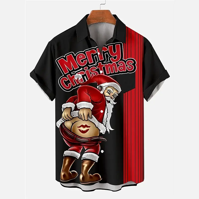 Santa Claus Casual men's Shirt Weekend Autumn Loose short-sleeved four-way Stretch Fabric Christmas Shirt men's stand-up Collar