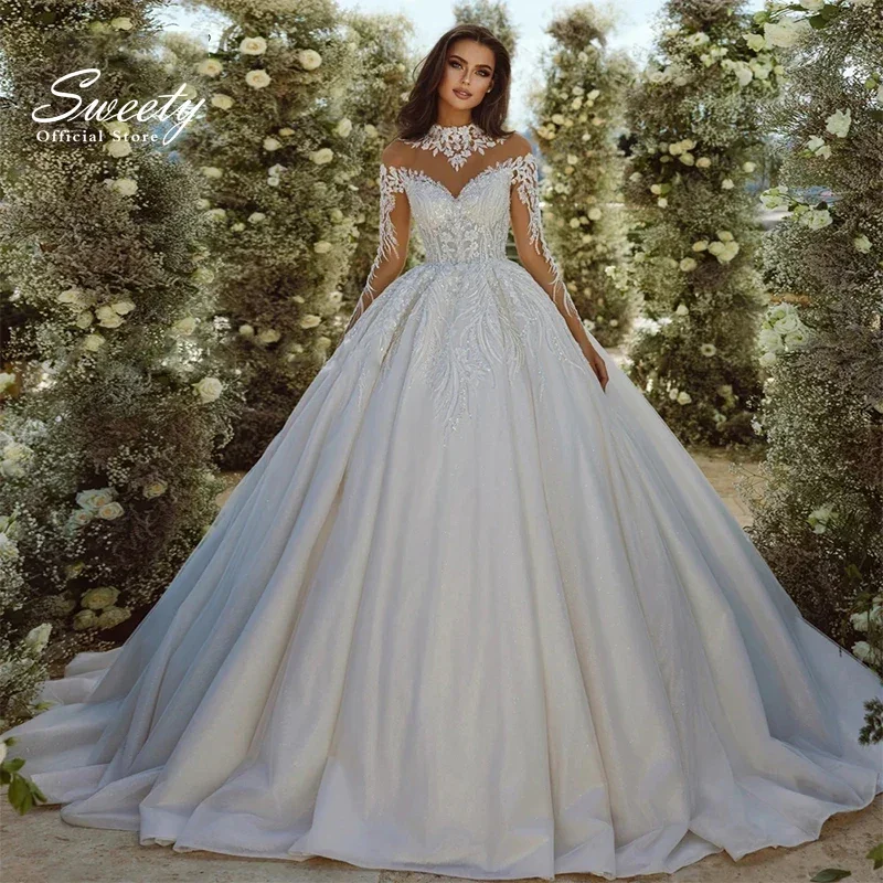 Luxuriöses Hochzeitskleid aus Organza mit Stickerei, Perlenstickerei, Prinzessin-Ballkleid, volle Ärmel, Stehkragen, Braut-Knopf, Vestido de Novia