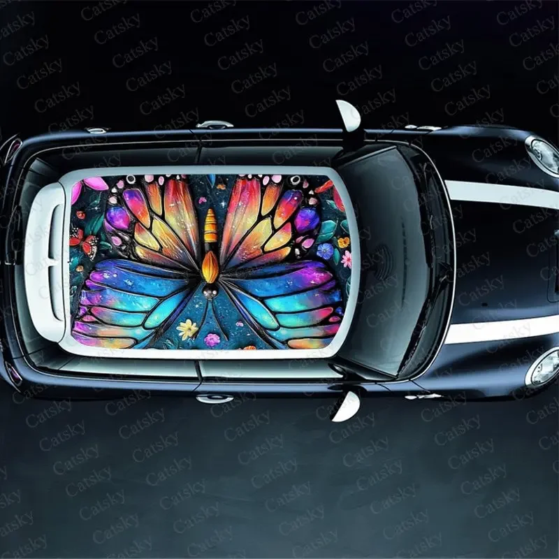 Gradient Blue Butterfly Print Car Roof Sticker Wrap Racing SUV Auto Accessories Packaging PVC Car Hood Graphic Decal Decoration