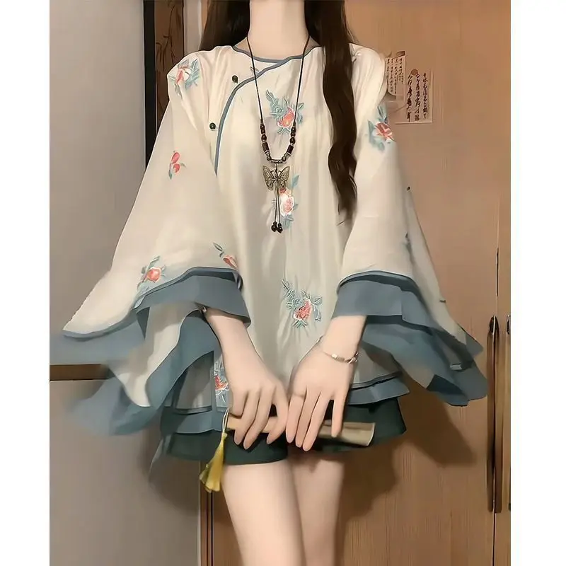 

2025 Spring Summer New National Style Zen Artistic Printed Top Wide-Leg Pants Daily Commuting Set