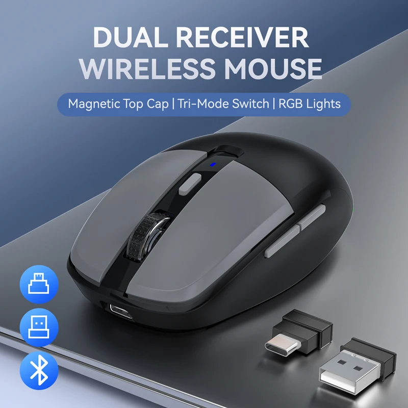 Tri-mode Mouse With Dual Receivers Type-C/USB 2.4G Bluetooth 5.1 Wireless Mouse RGB Charging Silent Mouse For Android IOS