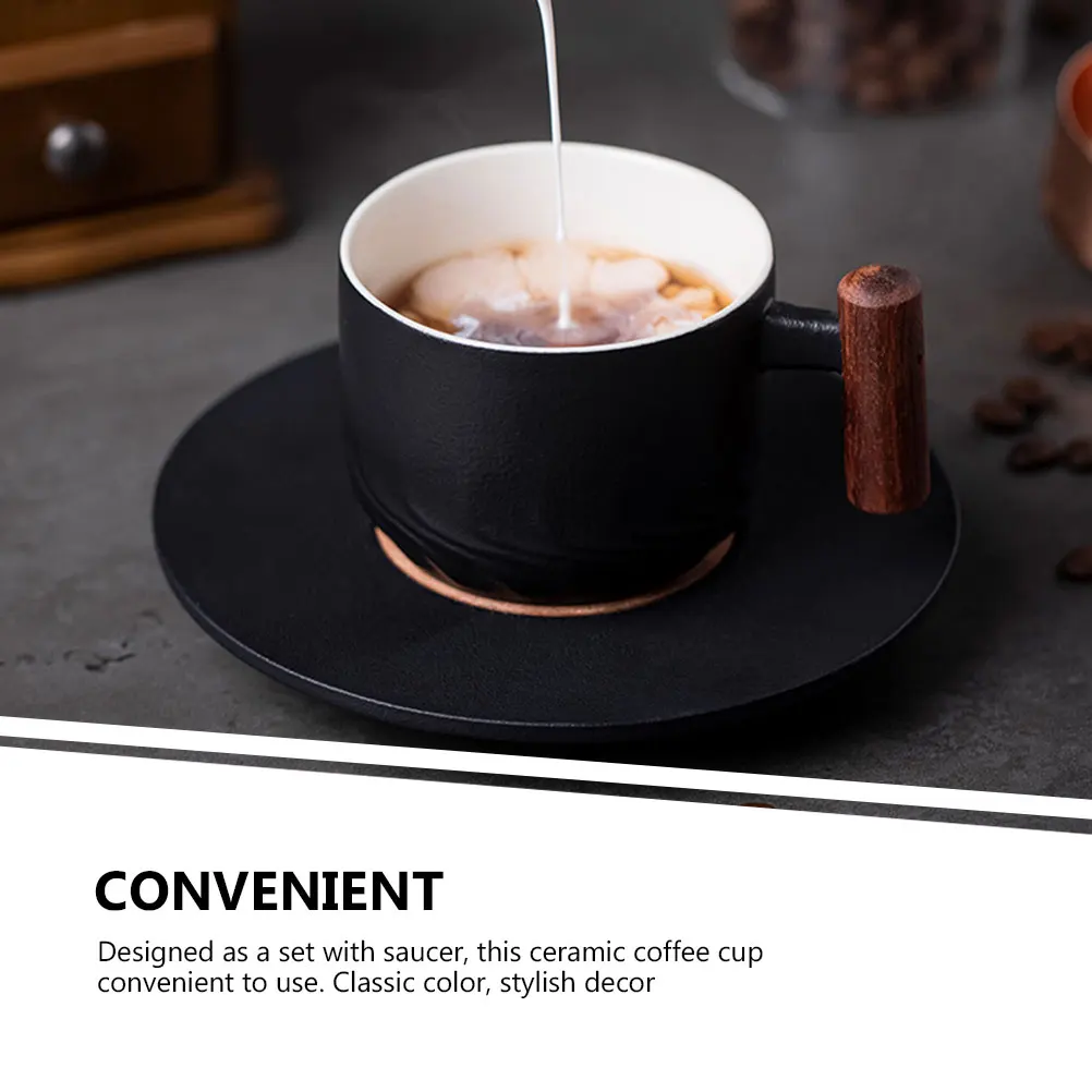 

1 Set Ceramic Coffee Cup Dish Set Japanese Style Handmade Porcelain Cappuccino Mug Wooden Handle For Home Coffee Shop Large