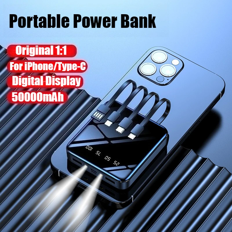 

New Mini Comes with Four-wire 20000mAh Portable Power Bank External Battery Charger Case Mobile Supply for iphone Samsung Xiaomi