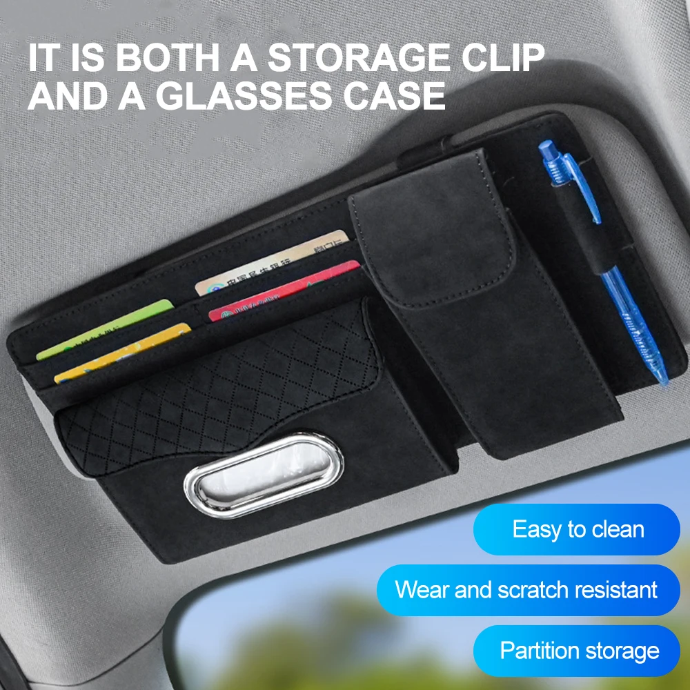 Car Sun Visor Storage Bag Car Organizer with Glasses Case Holder Hook and Loop Strap Storage Pocket For Automotive interior