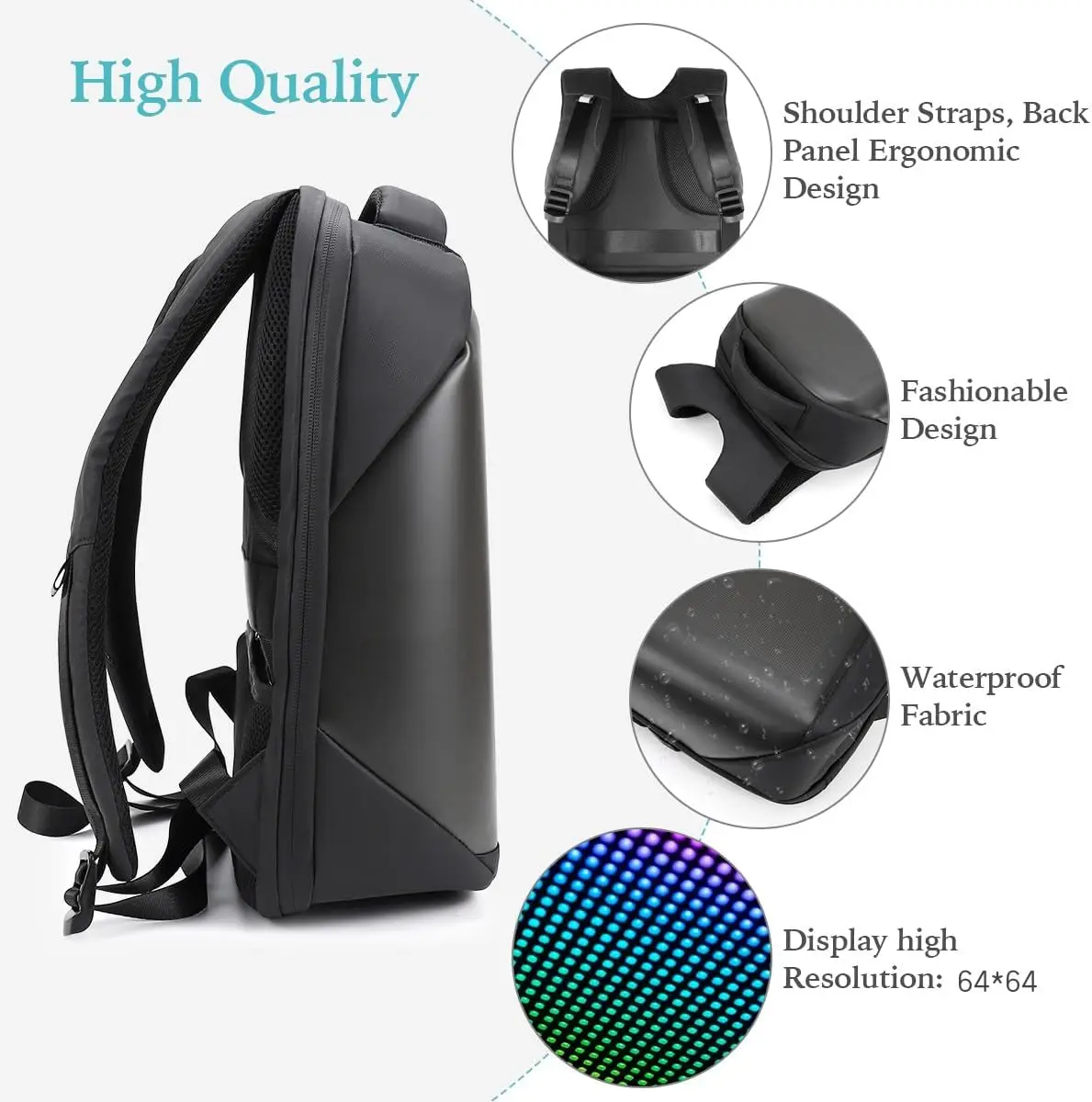 BOTAI-Sac à dos LED avec écran programmable, sac à dos pour ordinateur portable, écran de document HD, contrôle d'application, 15.6 pouces