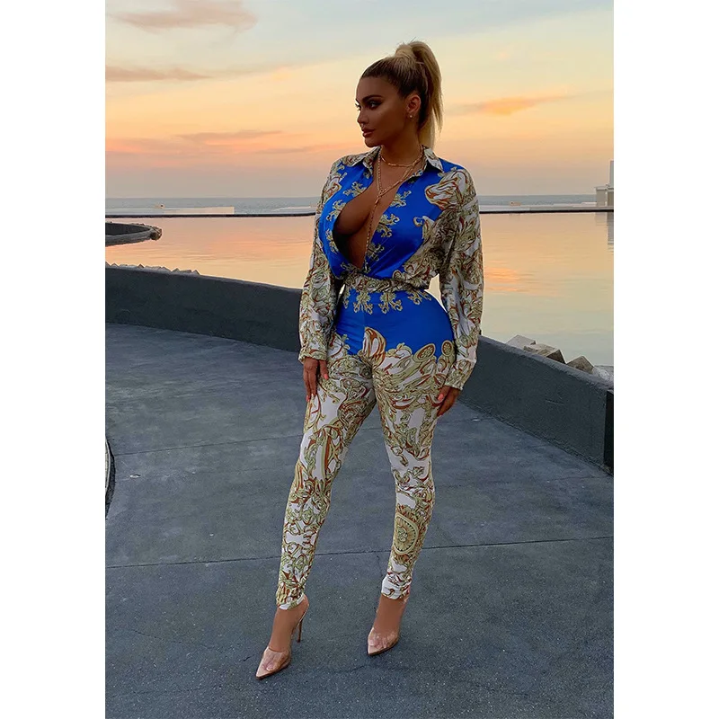 2024 New Elegant Fashion Two-piece Chic Vintage Printed Long-sleeved Shirt Slim Small Foot Trousers Women Tops+Pants 2-piece Set