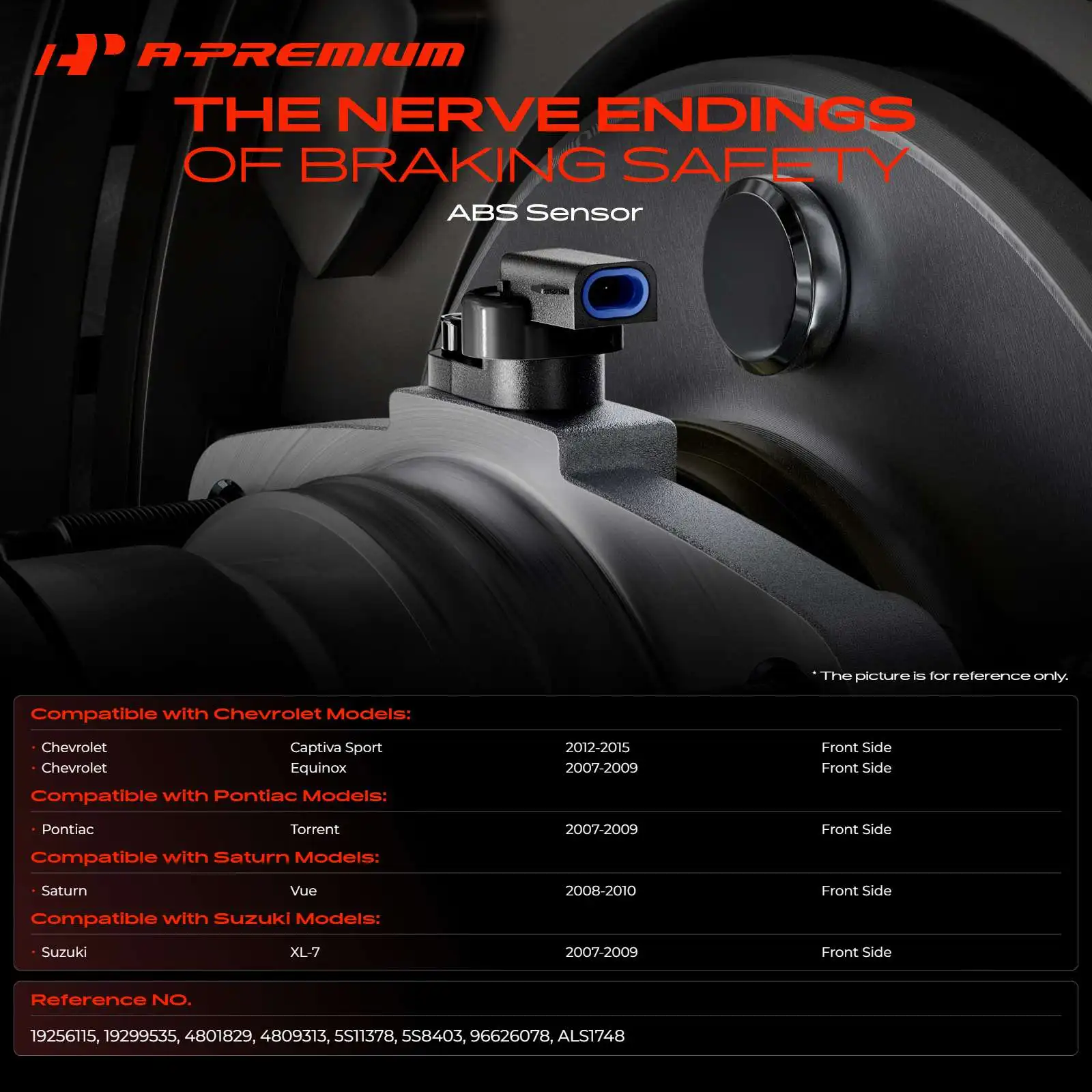 A-Premium Front Driver or Passenger Side ABS Wheel Speed Sensor for Chevrolet Equinox 2007-2009 Captiva Sport 2012-2015 2