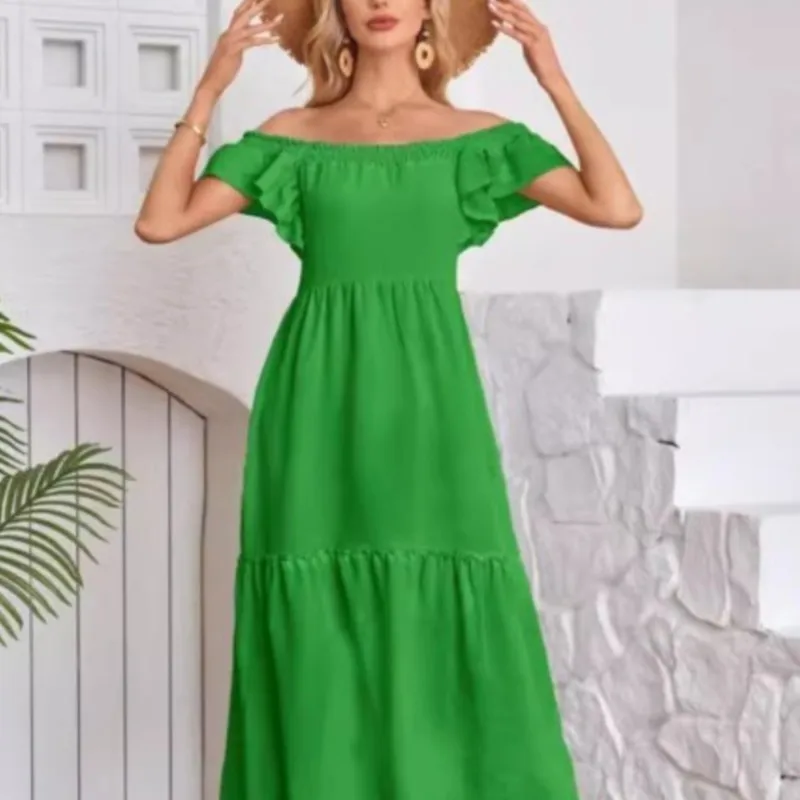 Feminino decote em u pétala mangas cor sólida cintura alta saia longa elegante em camadas plissado vestido evasê vestido casual
