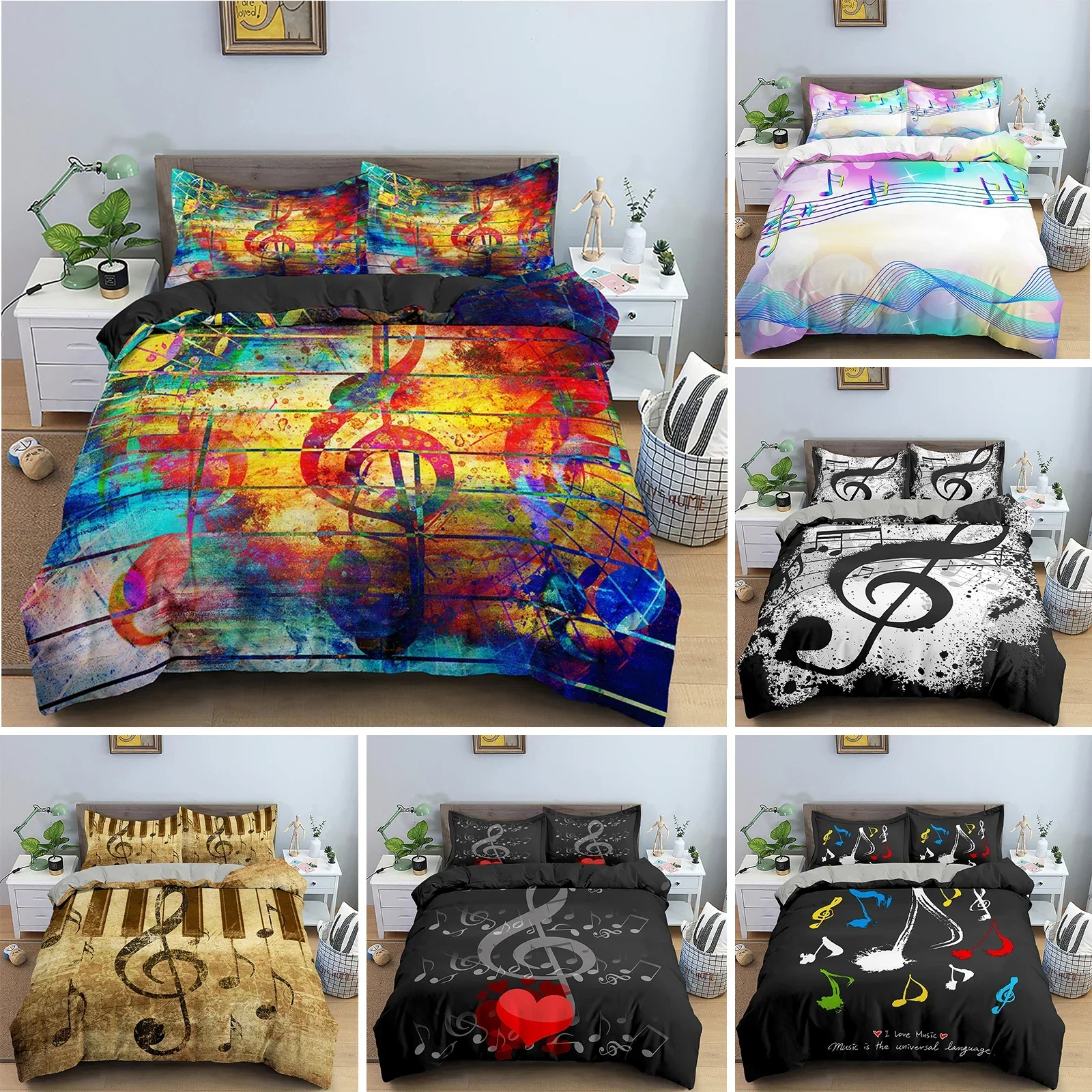 Musical Note Bedding Set 2/3pcs Music Theme Quilt Cover King/Queen Size with Pillowcase Fashionable Psychedelic Soft Duvet Cover