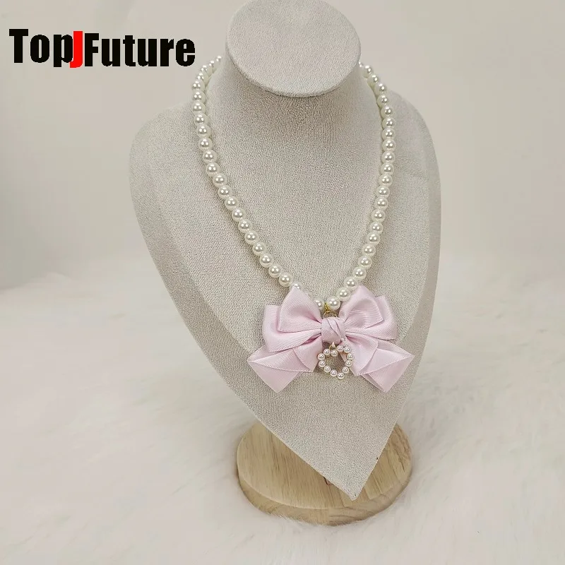Women Y2K Subculture luolita Hime Style girl Retro Lace ruffle Bow with Heart Charm Pearl Layered Necklace Cute Pendant choker