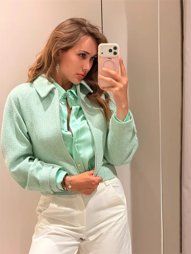 Guobioziy 2026 Early Autumn New Women Fashion Jacket | Simple Loose Fit, Turn-Down Collar, Zipper Front, Textured Fabric