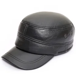 Sombreros militares de cuero de vaca genuino para hombres Otoño Invierno sombrero de piel de vaca para hombres con orejeras Cuero de vaca real gorras de béisbol planas