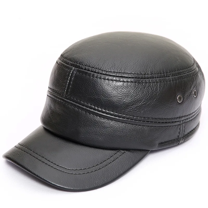 Genuine Cow Leather Military Hats For Men Fall Winter Men's Cowskin Hat With Ear flap Real Cowhide Flat Top Baseball Caps