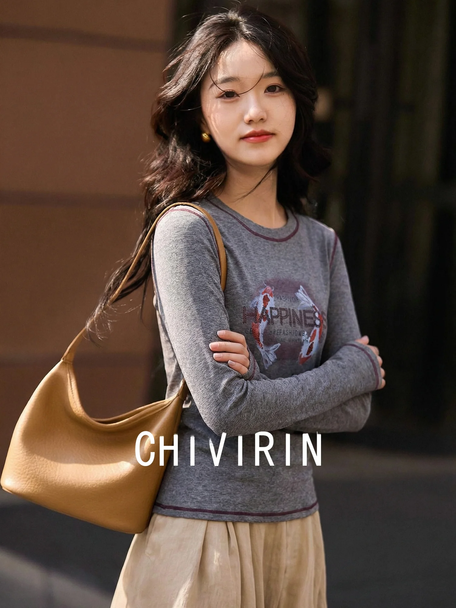 

Comfortable Long Sve T-irt Women's Spring Sle Slim Fit Wool Base irt ey Tead Embroidery Beads Letter Pattern Cas...