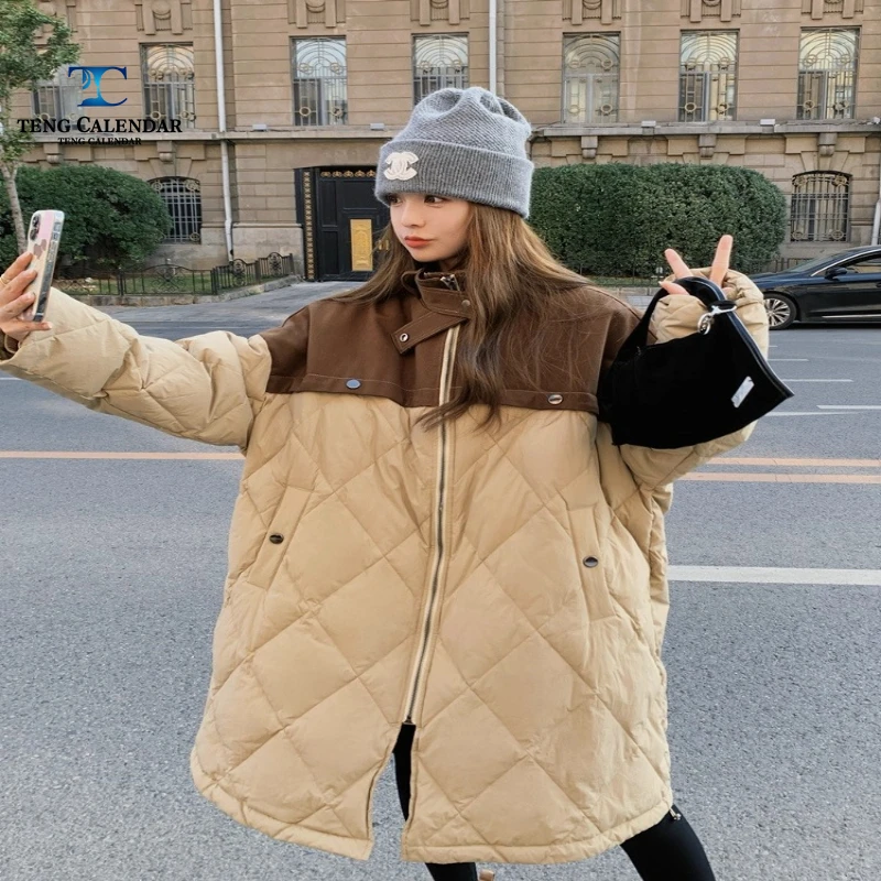 Fashionable Down Jacket with Contrasting Color Design, Long Loose Diamond Grid White Duck Down Jacket, Women's Winter New Style