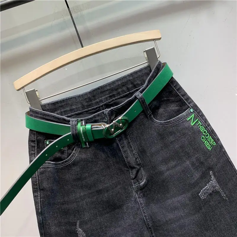 

Корейские отзывы, множество черных потертых джинсов Harlan с вышивкой букв, новые женские корейские эластичные тонкие брюки с высокой талией