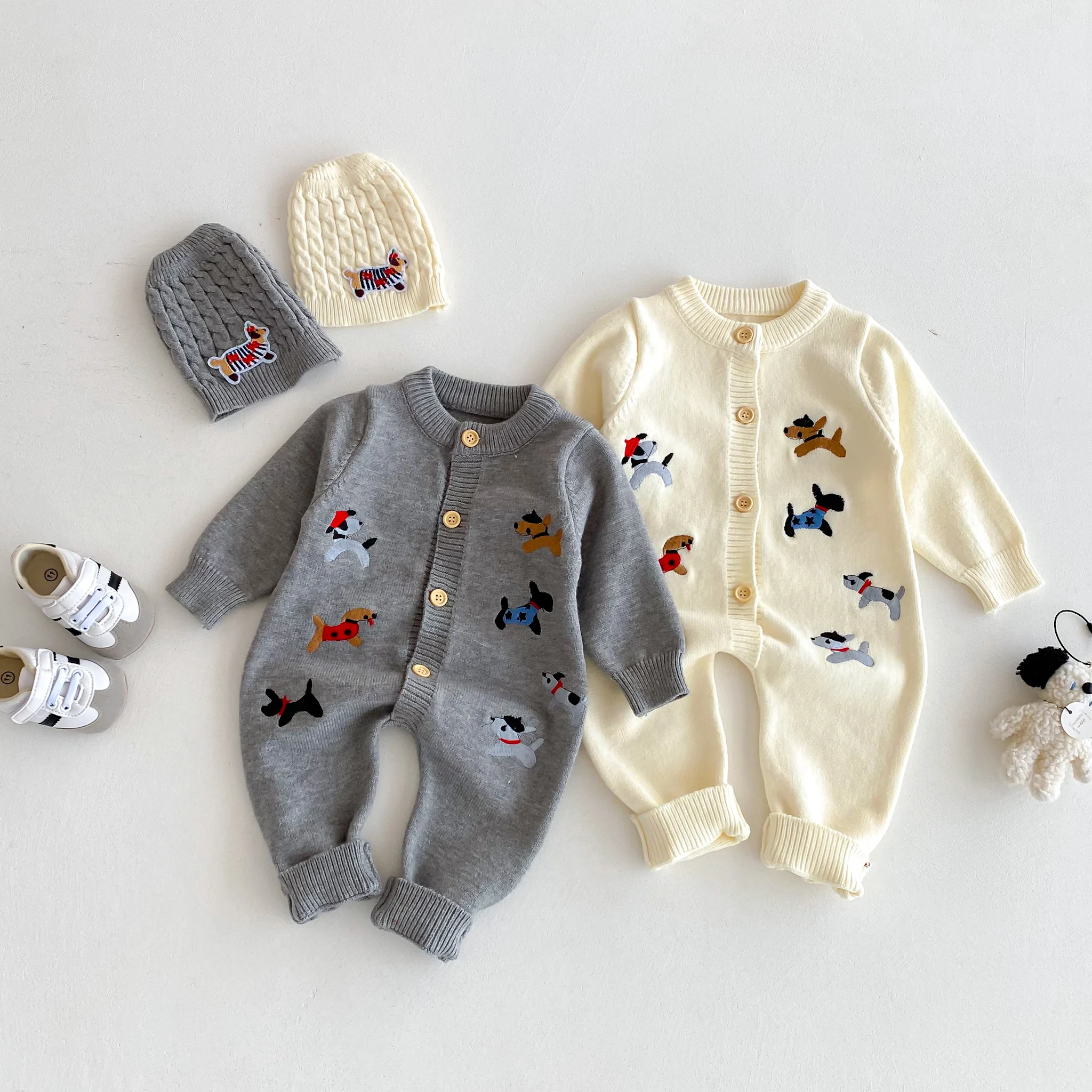 Autumn baby Clothes, Infant One-Piece Dress for Girls, Knitted Crawling Suit with Dog Pattern, Outdoor Wear