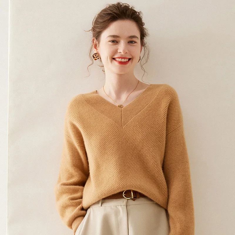 WinvyNee Women Clothing Cashmere Merino Wool Sweater Long Sleeve V Neck Wool Loose Casual Soft Warm Oversized Pullover A1054011A