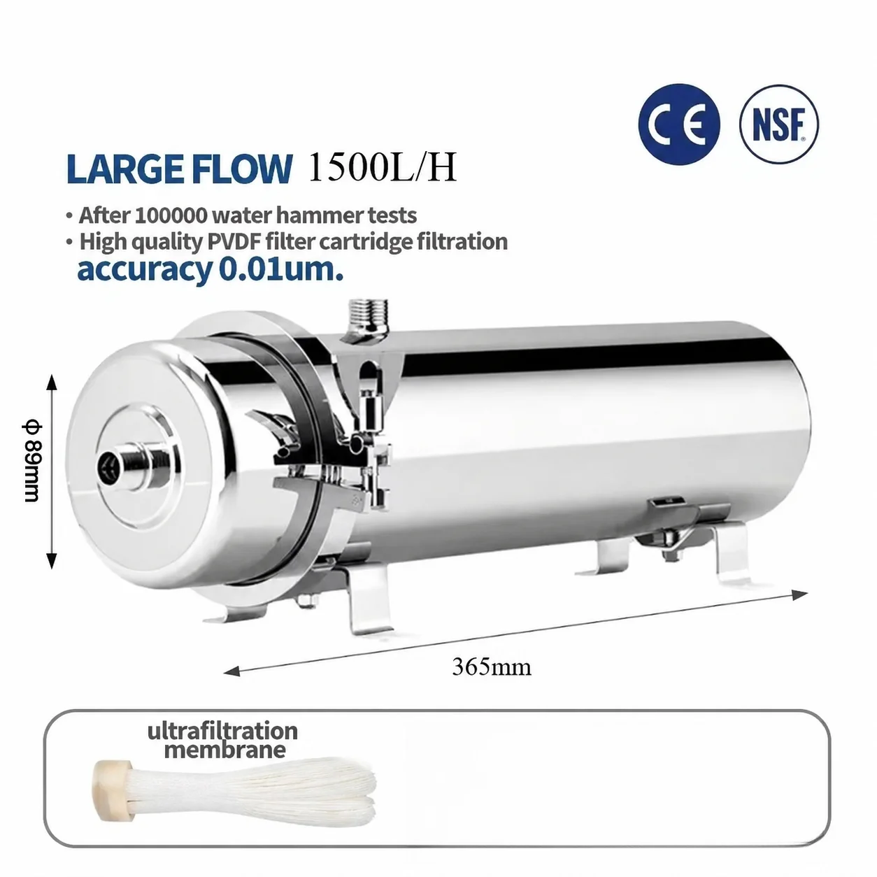 Purificador de agua UF 1500L de alto flujo para toda la casa, filtro Mineral de acero inoxidable de 0,01 μm con membrana PVDF reutilizable lavable