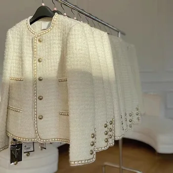 여성용 화이트 울 짧은 코트, O넥 루즈핏, 우아한 한국 코튼 안감, 작은 향기 트위드 코트, 가을 겨울 1743  Best5